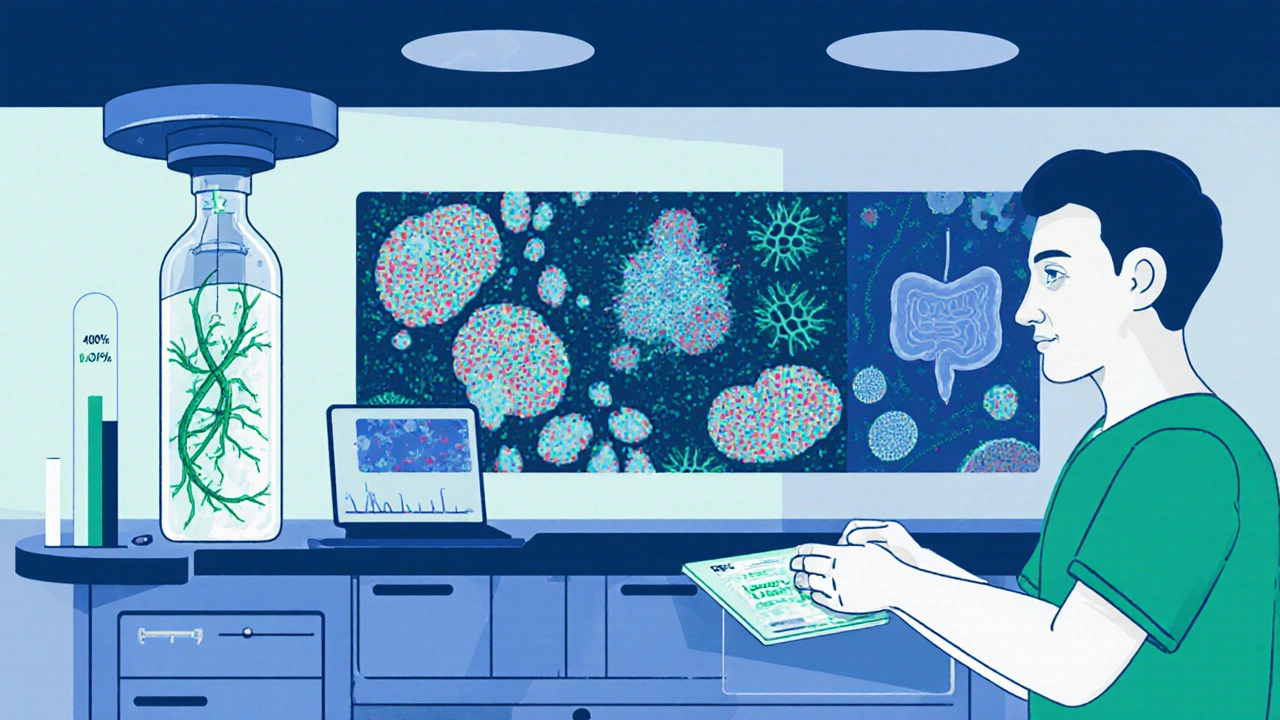 Futuristic medical scene showing stem cell therapy promoting myelin repair and gut bacteria reducing inflammation.