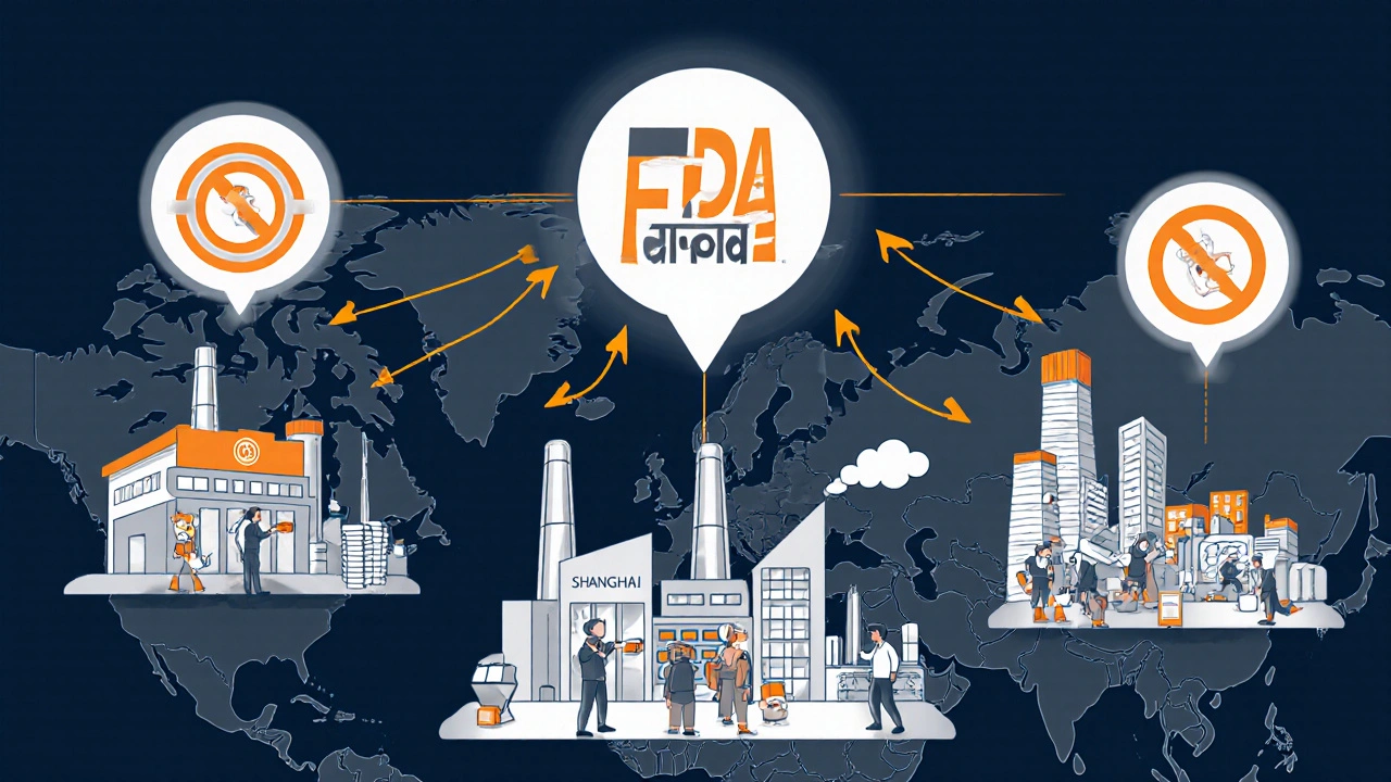 Global map showing FDA inspections at factories in multiple countries with compliance indicators.