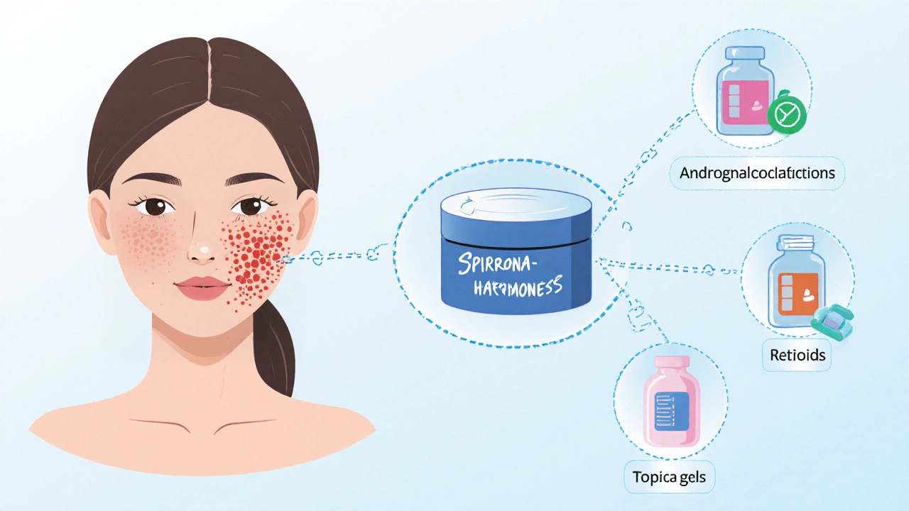 Hormonal acne flowchart showing spironolactone blocking jawline breakouts with treatment options.