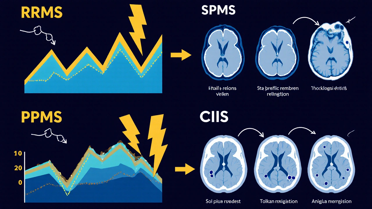 Illustration comparing four types of multiple sclerosis as visual pathways with relapses, progression, and lesions.