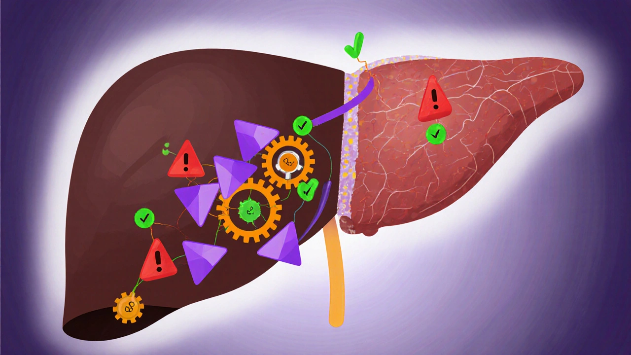 Illustration of bempedoic acid inhibiting cholesterol production in the liver without affecting muscles.