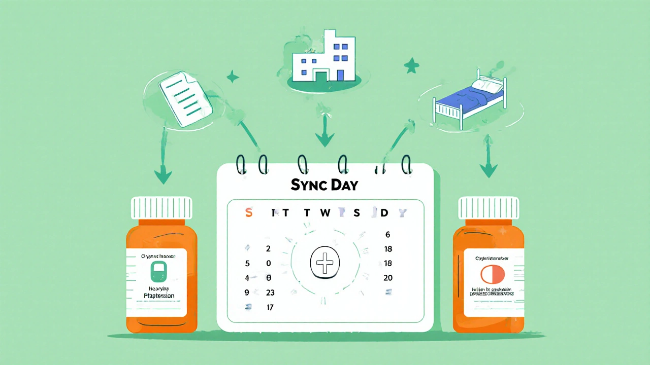 Monthly medication sync calendar showing five prescription bottles aligned on one pickup day with safety arrows.
