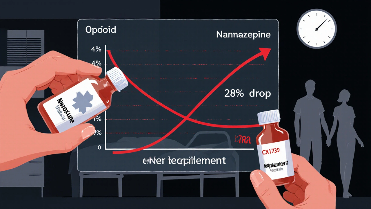 Overlapping respiratory decline graphs with naloxone and experimental drug icons, family silhouette in background.