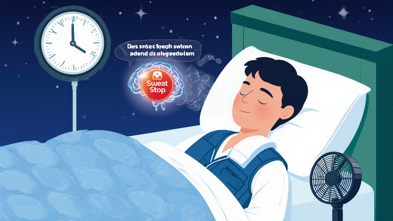 Person sleeping with cooling vest and fan, brain showing reduced serotonin activity, indicating relief from night sweats.