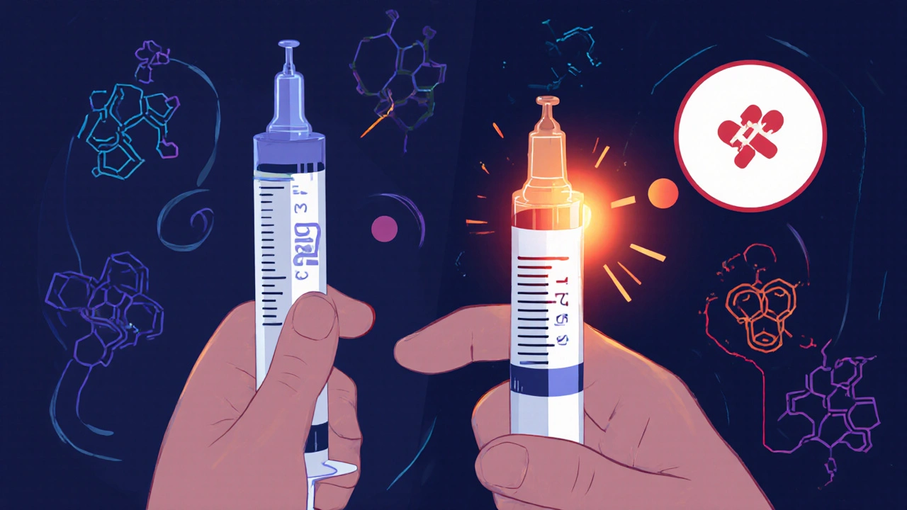 Person using an expired EpiPen during an allergic reaction, with a fresh one glowing nearby.