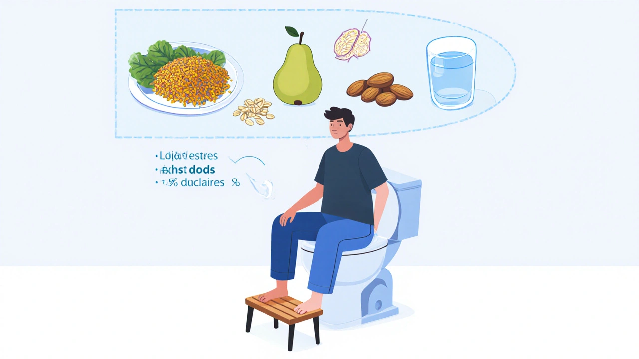 Person using footstool on toilet with fiber-rich food and water nearby, illustrating lifestyle changes for hemorrhoid relief.