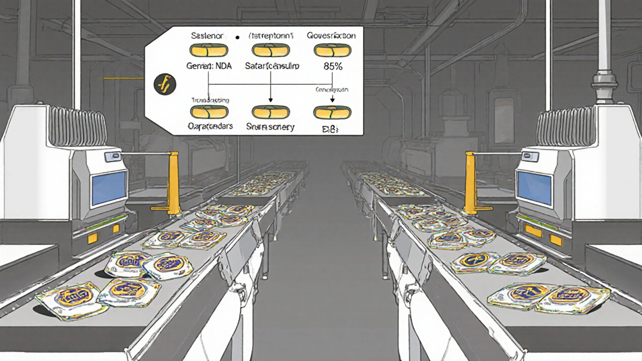 Pharmaceutical factory with two parallel production lines making identical pills, one branded and one generic, with pricing comparison.
