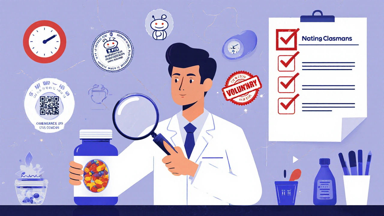 Pharmacist examining supplement capsule revealing hidden drugs, with certification seals and FDA delay icons around.