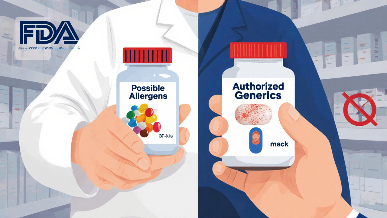 Pharmacist giving a pill bottle to a patient, with visual comparison of generic vs authorized generic fillers and allergens.