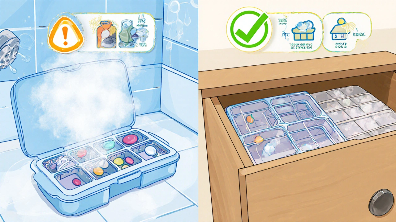 Pill organizer in humid bathroom vs. safe dry storage, with degradation warning and ideal conditions labeled.