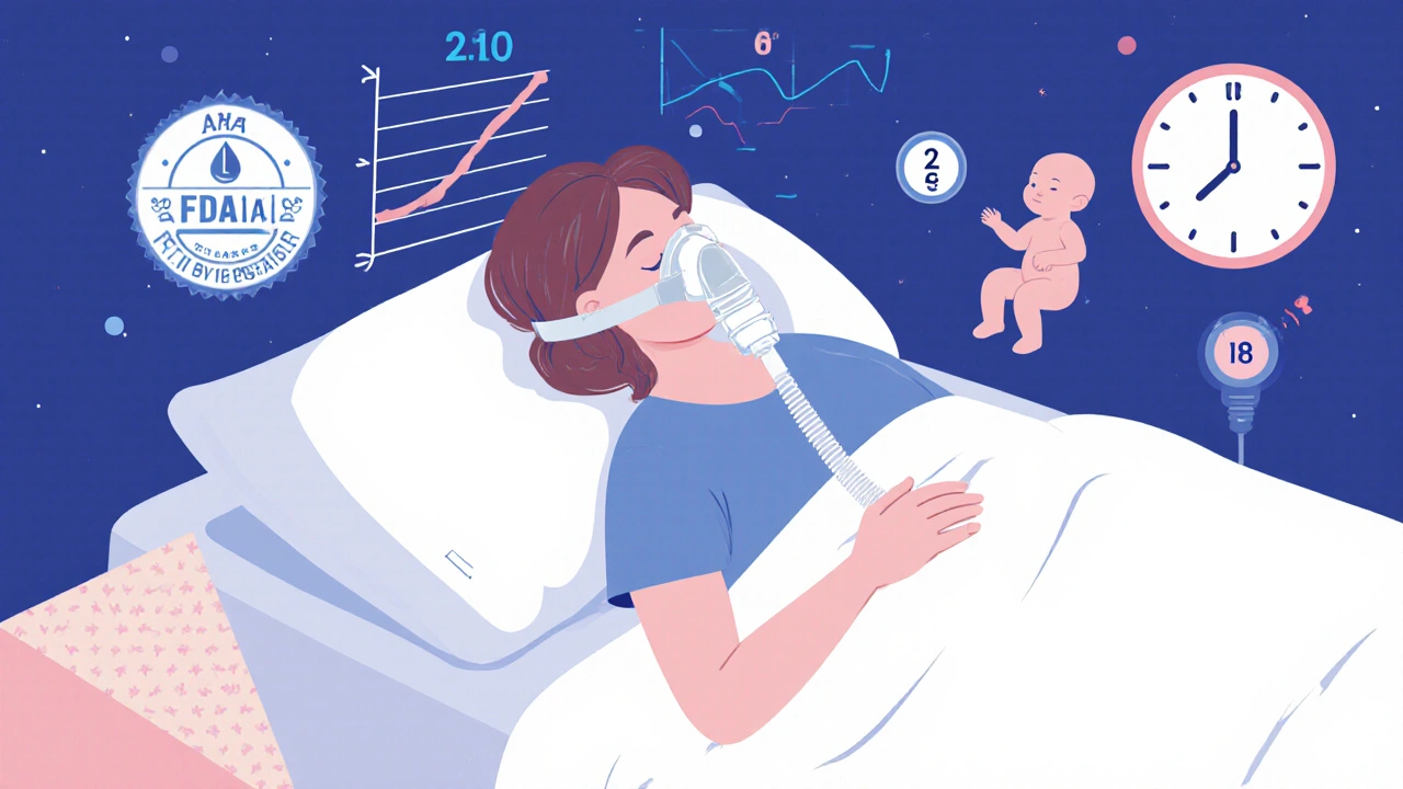 Pregnant woman using nasal pillow CPAP with humidifier, surrounded by sleep aids and health metrics showing improved apnea symptoms.