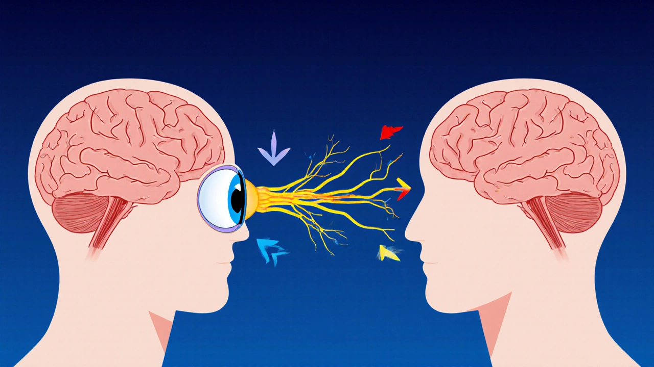 Pressure gradient between eye and brain stretching and severing optic nerve fibers