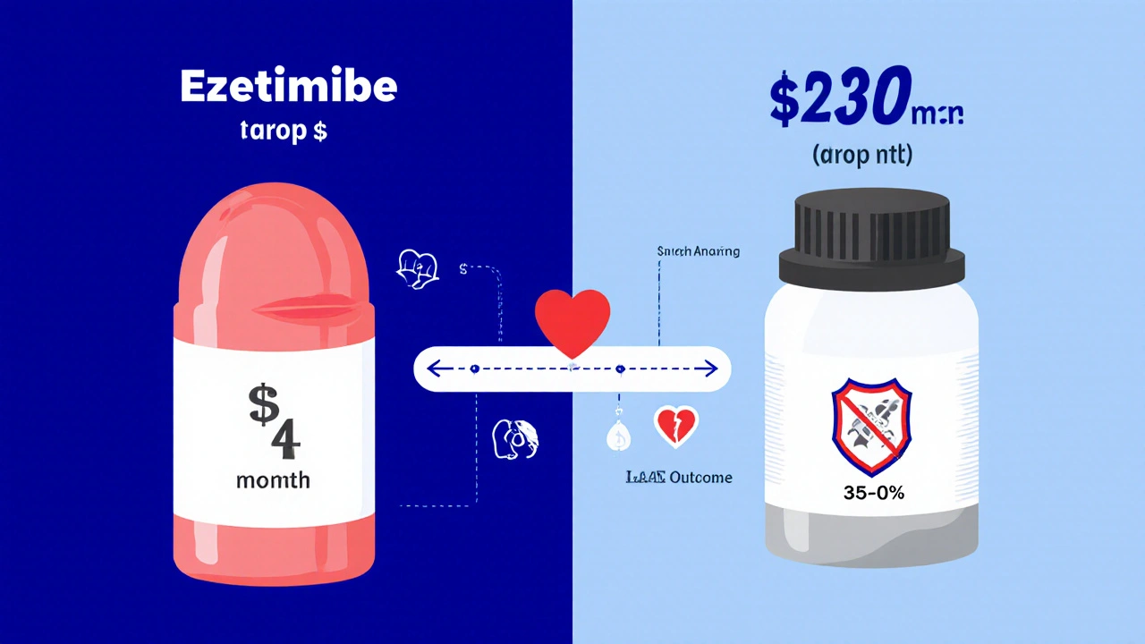 Side-by-side comparison of ezetimibe and bempedoic acid with cost, effectiveness, and heart protection.