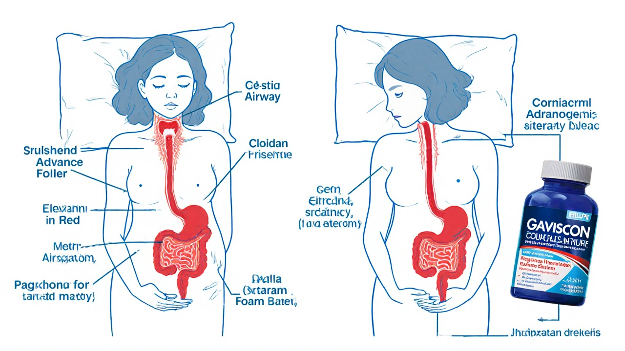 Side-by-side comparison of harmful back-sleeping versus beneficial left-side sleeping during pregnancy with anatomical details of airway and reflux.