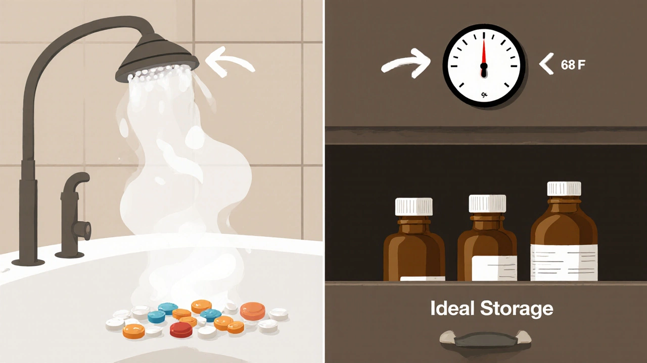 Side-by-side comparison of poor vs. ideal medicine storage conditions in a technical illustration style.