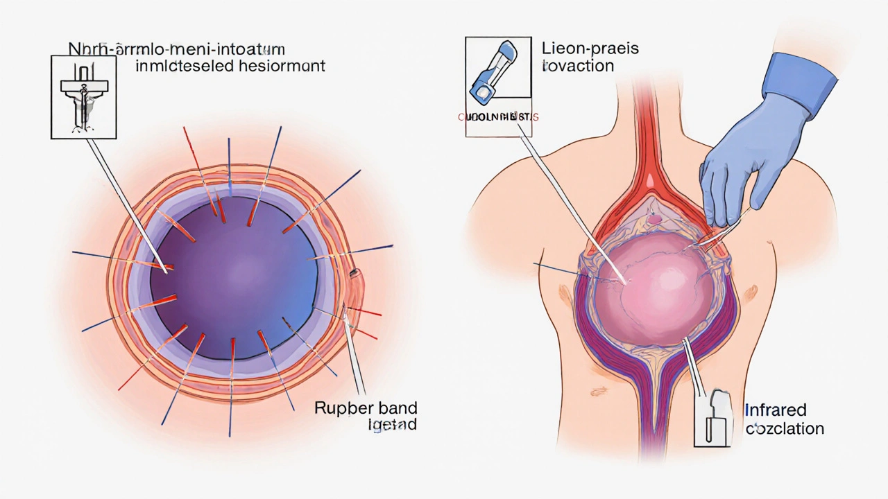 Side-by-side comparison of thrombosed external hemorrhoid and prolapsed internal hemorrhoid with medical treatment icons.