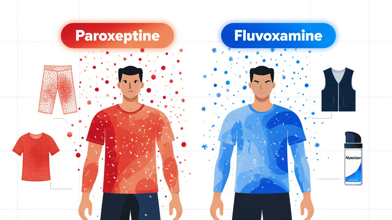 Side-by-side comparison of two people with different antidepressants, one sweating heavily, the other dry, with cooling solutions shown.