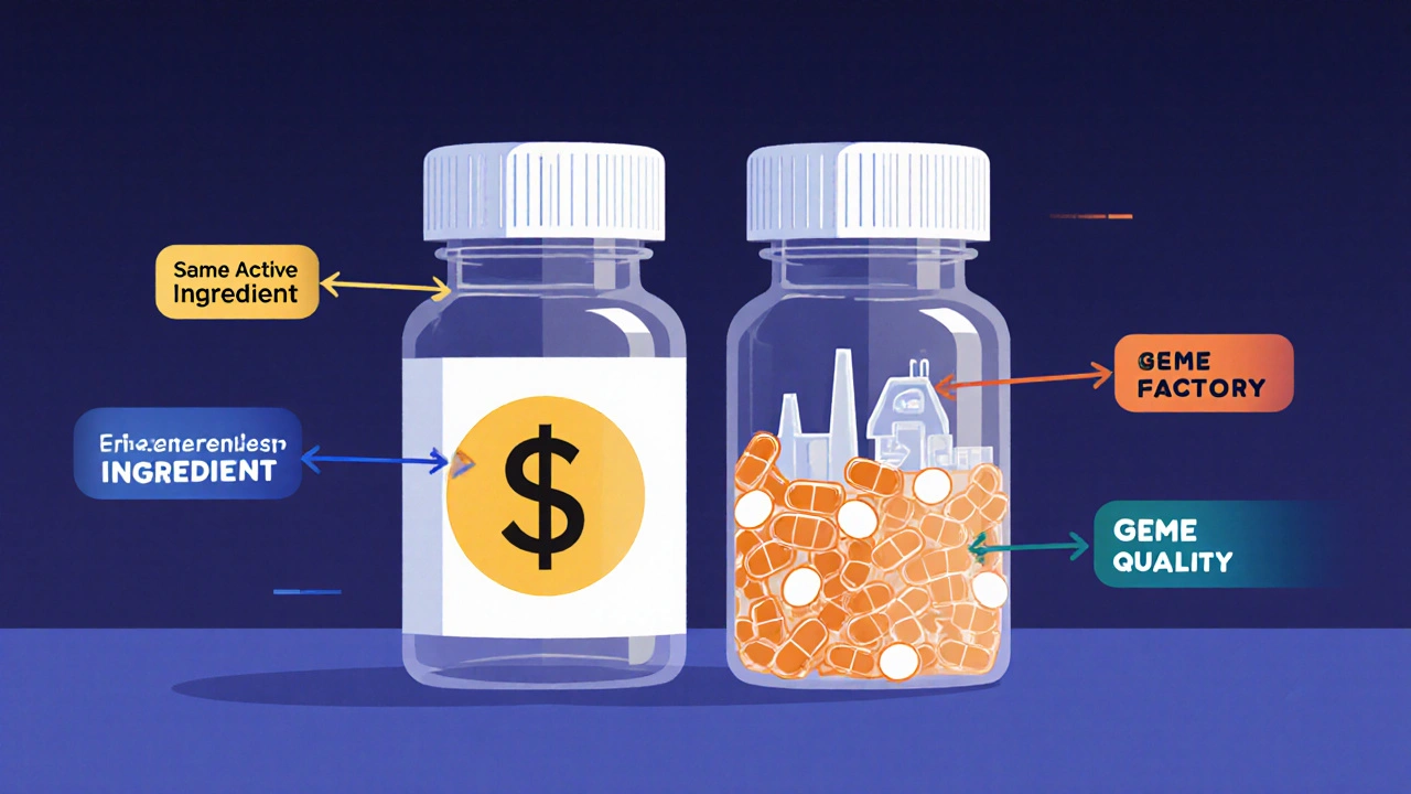 Side-by-side pill bottles with transparent cutaway showing shared manufacturing process.
