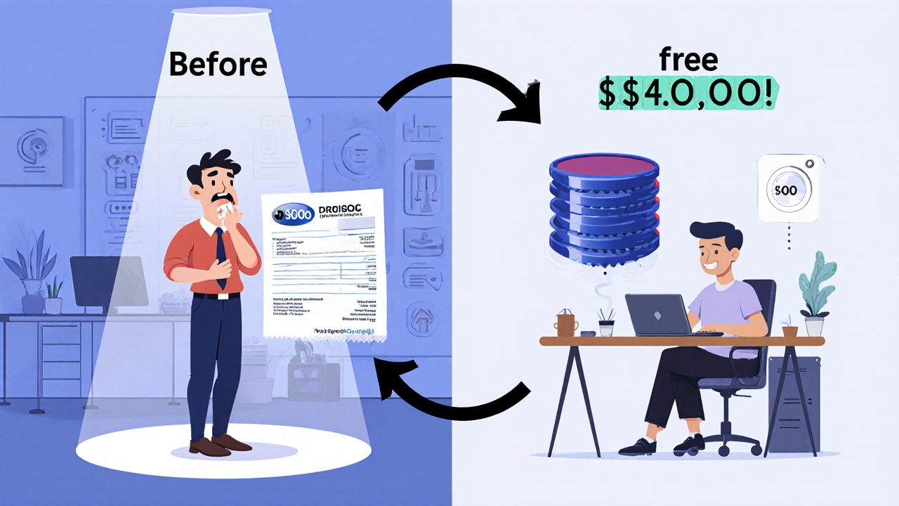 Split-screen: a stressed engineer facing a high software cost vs. a happy developer saving hundreds of thousands with open-source tools.