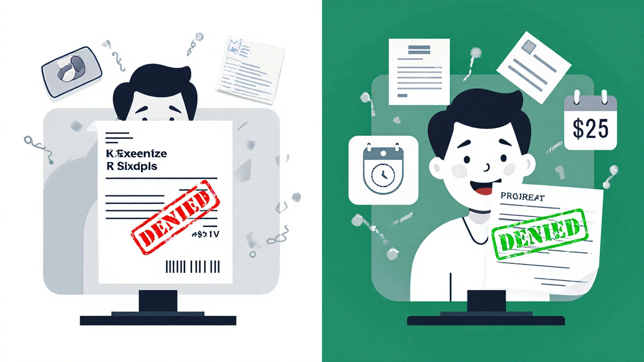 Split-screen: frustrated patient with denied copay vs. smiling patient with approved lower cost.