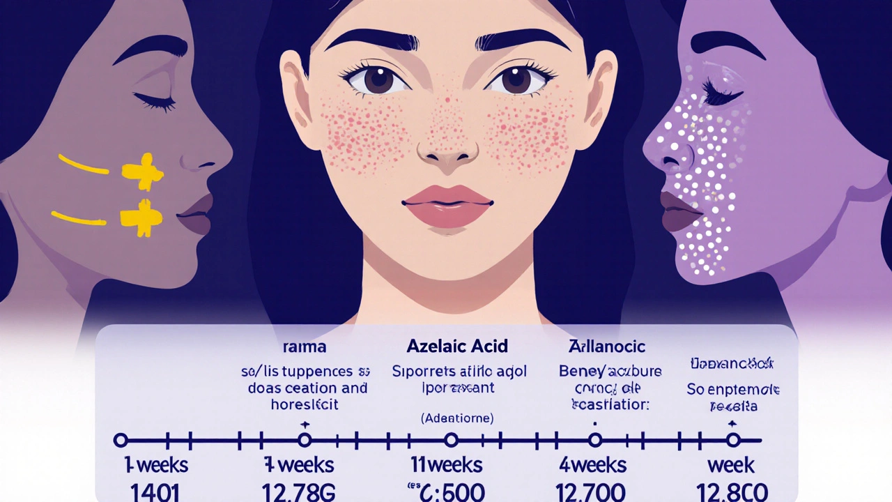 Three-layered acne treatment system on a face with timelines showing improvement over weeks.