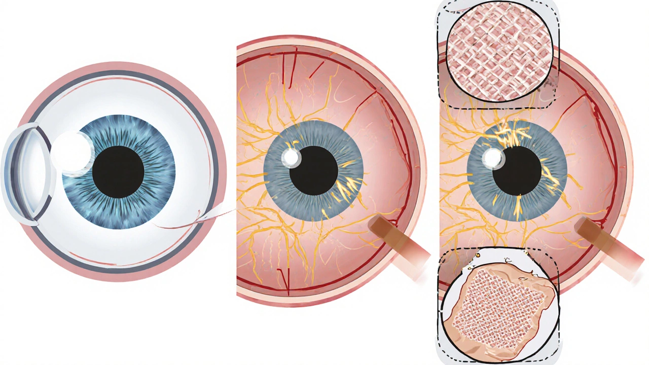 Three side-by-side illustrations of different glaucoma types affecting the optic nerve