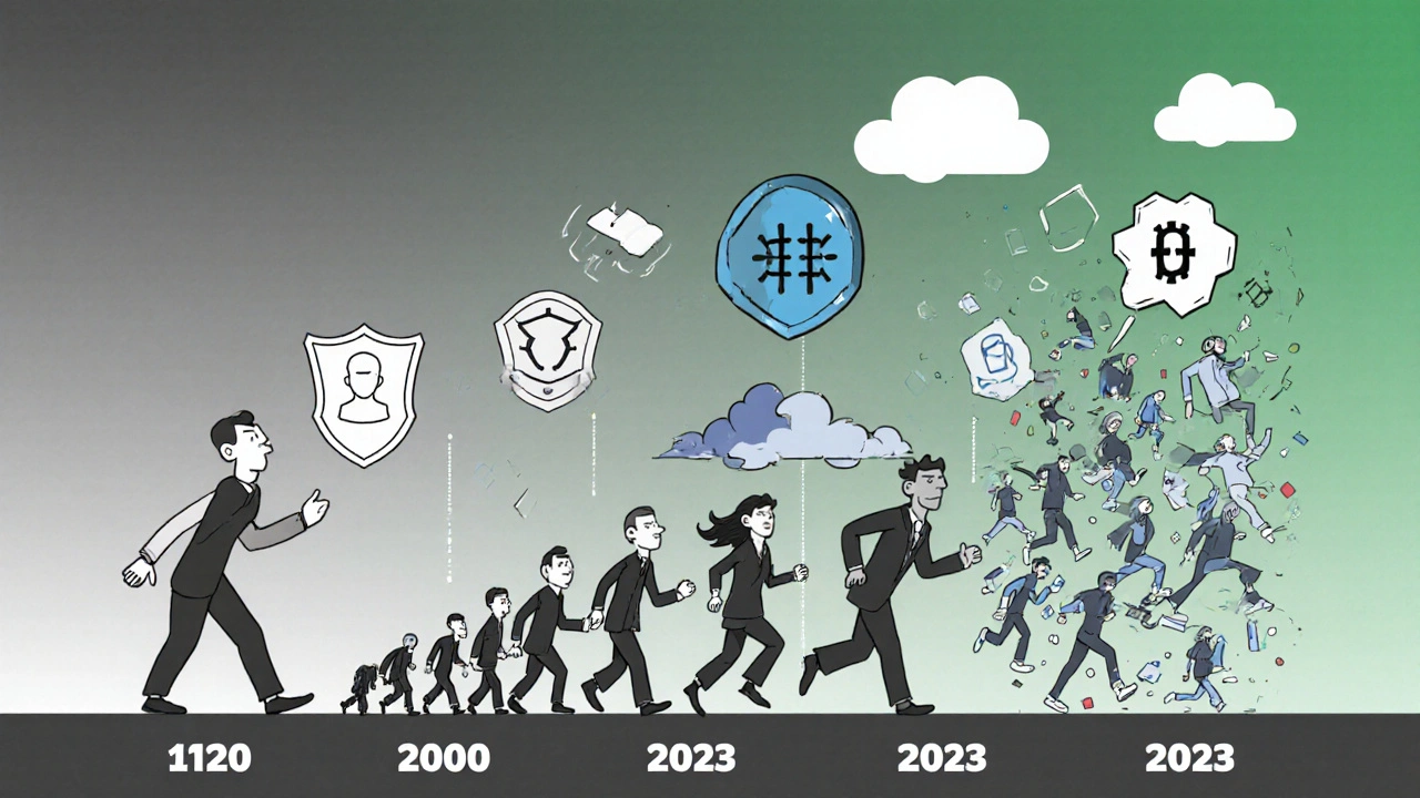 Timeline illustration showing market shift from single vendor monopoly to crowded generic alternatives powered by AI and cloud tech.