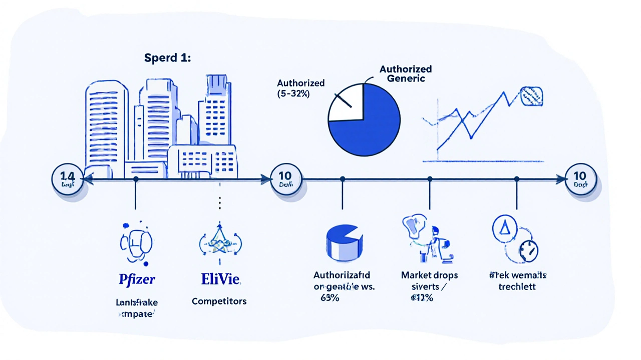 Timeline showing authorized generic launch and its effect on market share and drug pricing.
