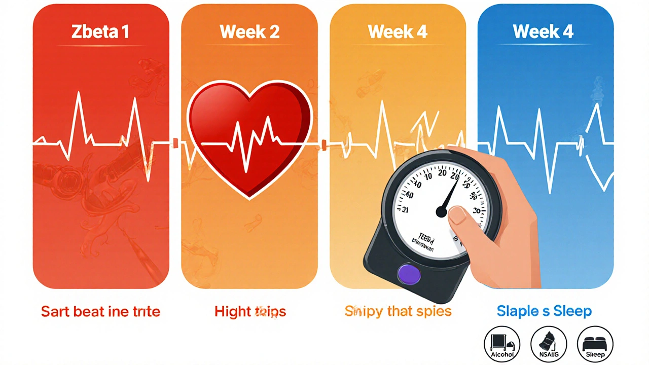Timeline showing Zebeta’s gradual effect on heart rate and blood pressure over four weeks.