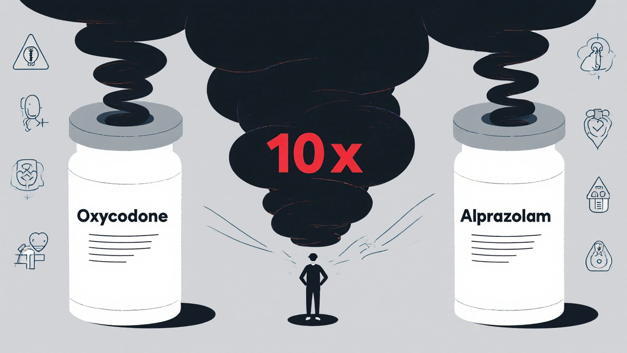 Two prescription bottles emitting merging dark clouds above a person with fading breath lines, labeled 10x risk.