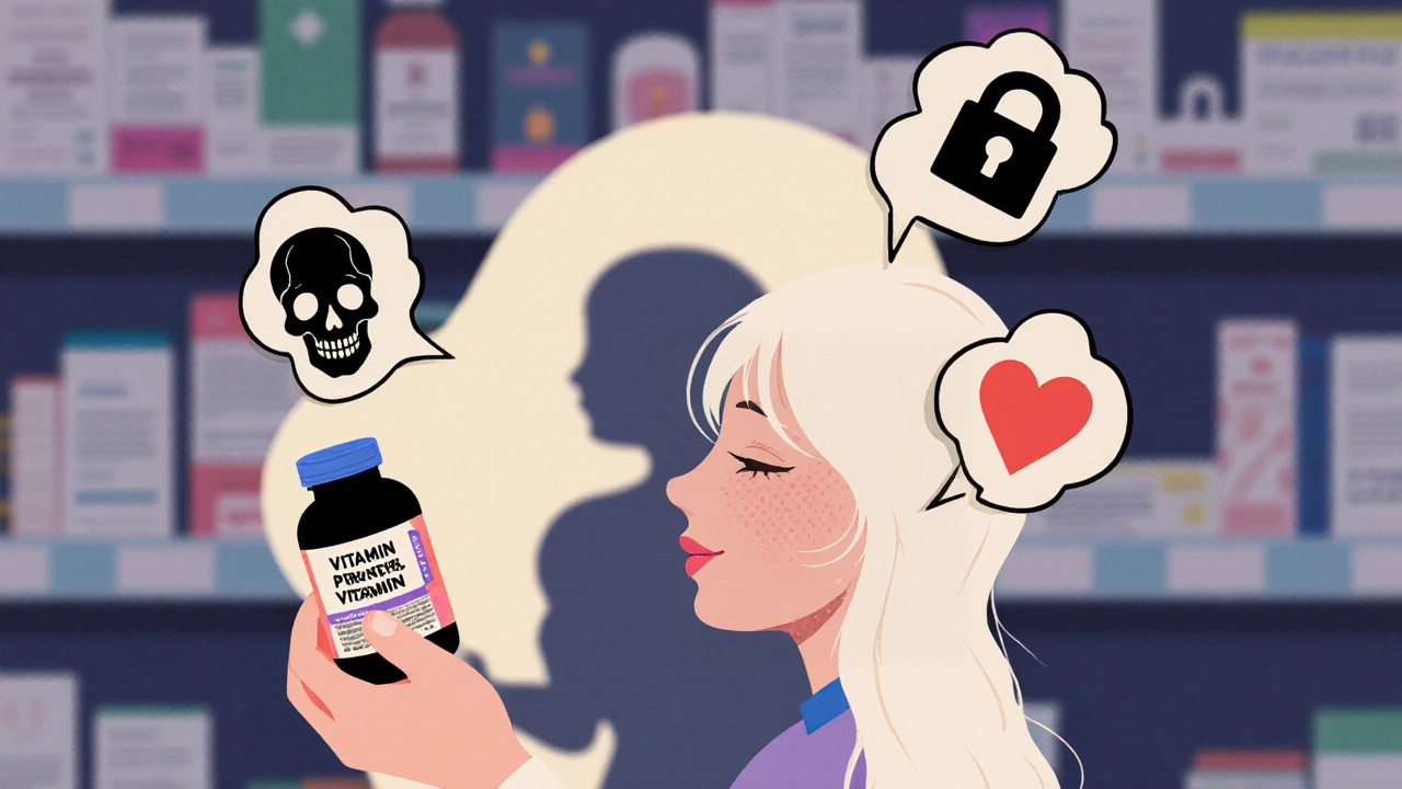 Woman holding prenatal vitamin with shadow of fetus and warning icons floating above the bottle.
