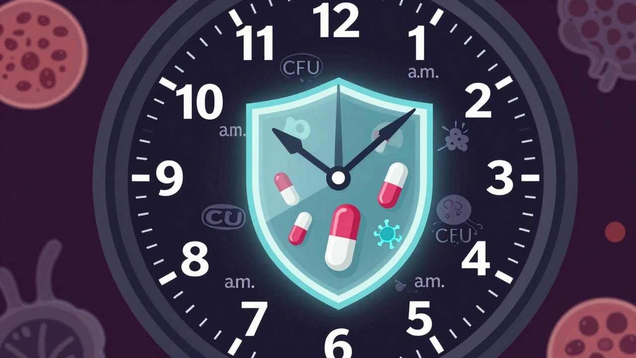 24-hour clock overlay on gut microbiome with probiotics timed safely away from antibiotics, protected by a glowing shield.