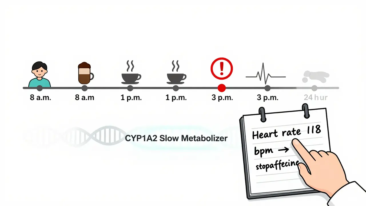 24-hour timeline showing Adderall and caffeine timing with a warning spike at 3 p.m. and a genetic marker indicating slow caffeine metabolism.