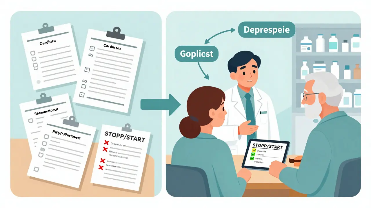 A clinical team using STOPP/START checklist to identify harmful and missing medications for an older adult.