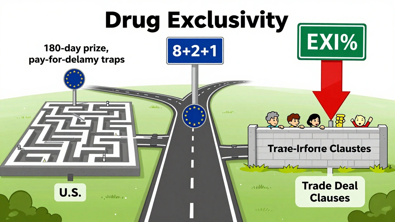 A global comparison illustration of drug exclusivity pathways: U.S. maze, EU highway, and low-income countries blocked by trade deals.