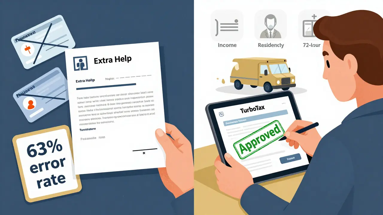 A Medicare patient receiving a denial letter on one side and approval via TurboTax on the other, showing documentation process.