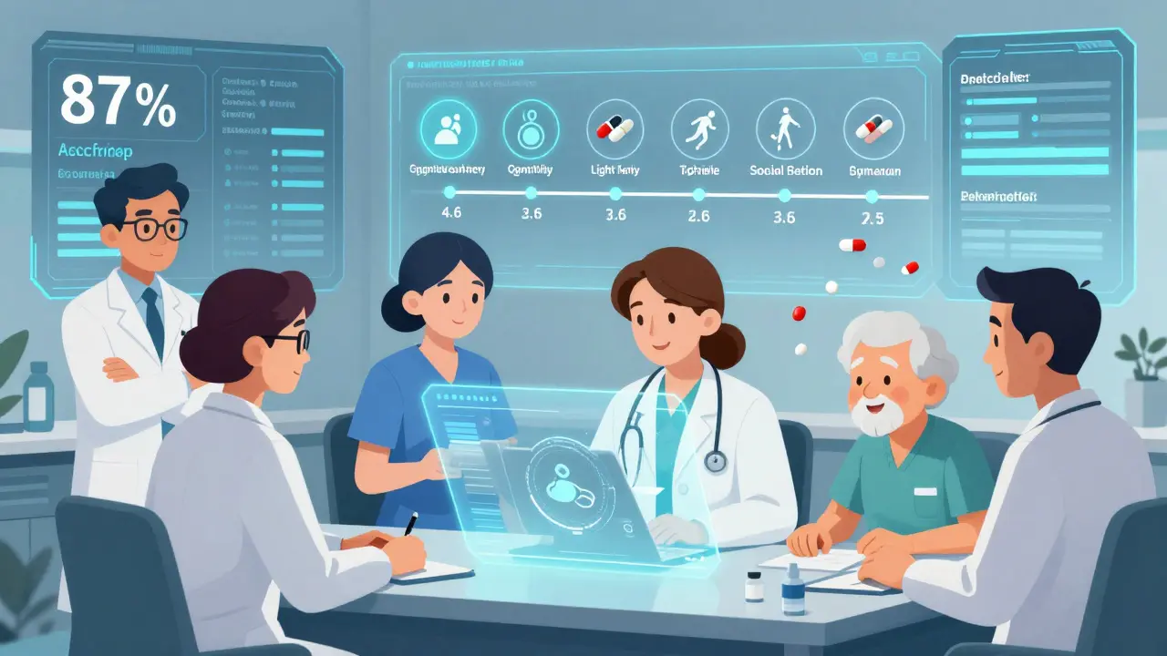 A multidisciplinary team reviewing a patient's medication plan using a holographic risk score and non-drug alternatives.
