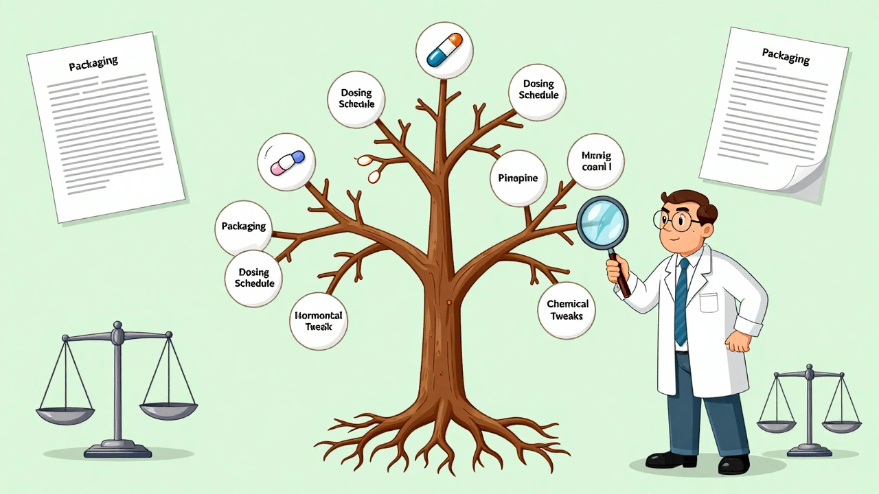 A patent tree with 142 branches representing evergreening tactics, as a generic maker struggles to challenge them.