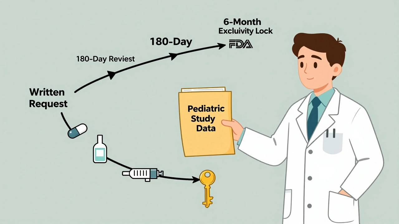 A scientist submits pediatric study data to an FDA shield, triggering a six-month exclusivity timeline.