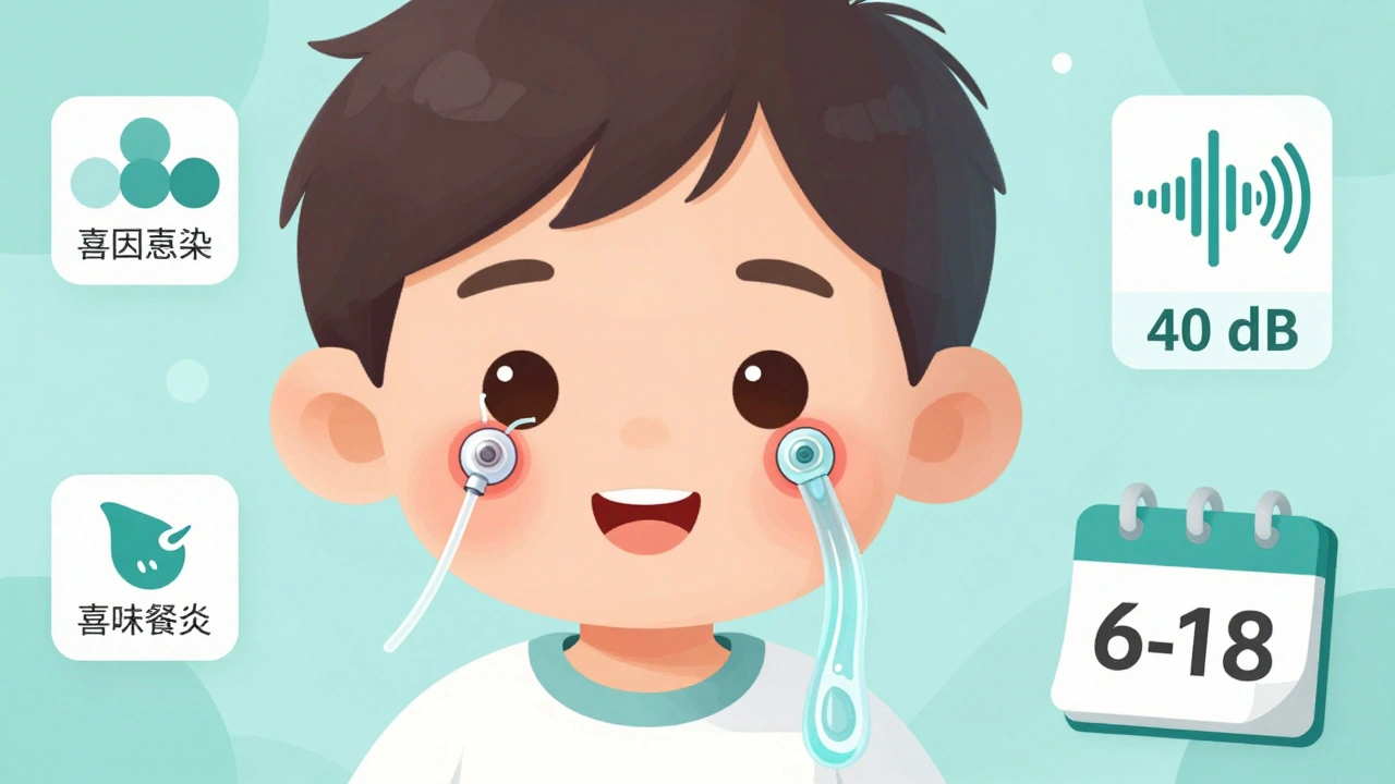 Child with ear tubes showing fluid drainage and air flow, with hearing loss and duration indicators