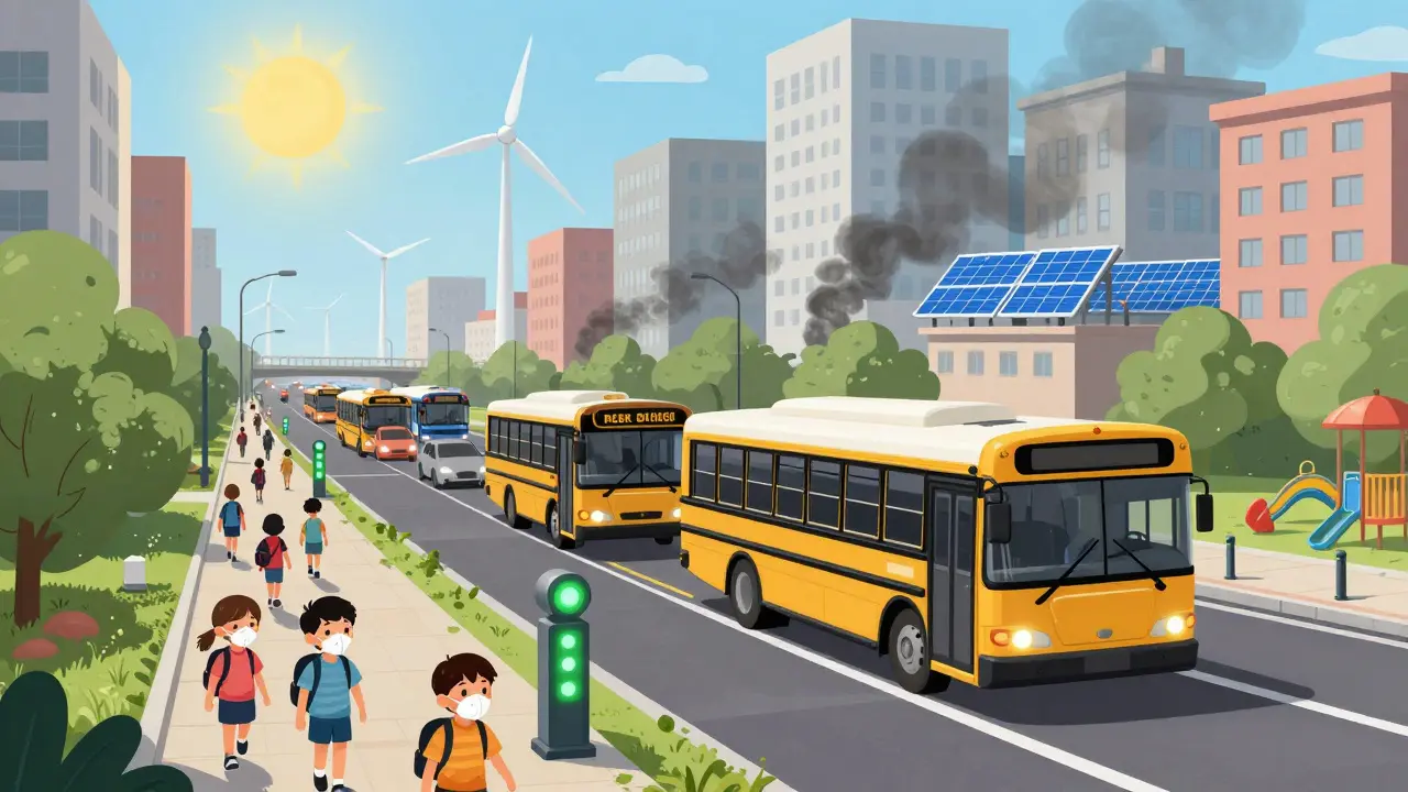 Children wearing N95 masks walking to school past electric buses, with clean air zones marked near playgrounds.