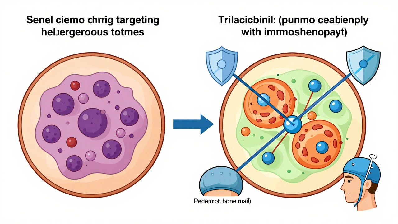 Comparison of chemotherapy alone versus chemo combined with immunotherapy and protective measures for bone marrow and hair.