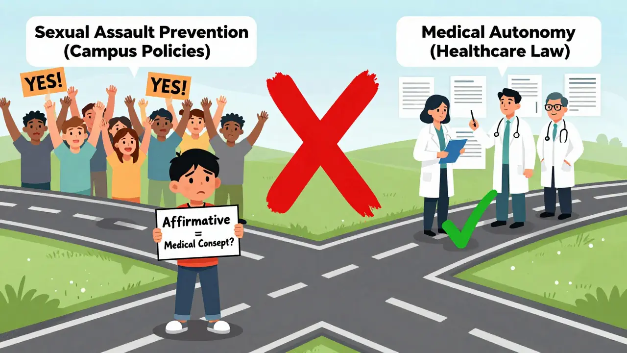 Confused student at a crossroads between sexual consent and medical consent laws, with clear legal distinctions.