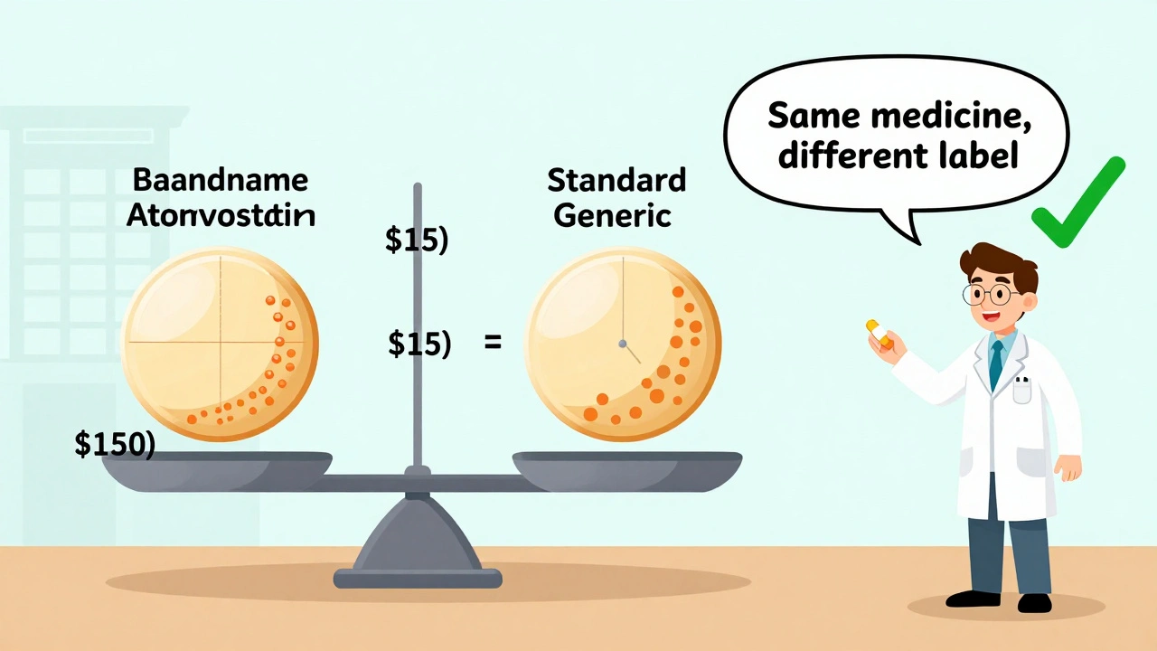 Cross-section comparison of brand, generic, and authorized generic pills with cost and trust scale.