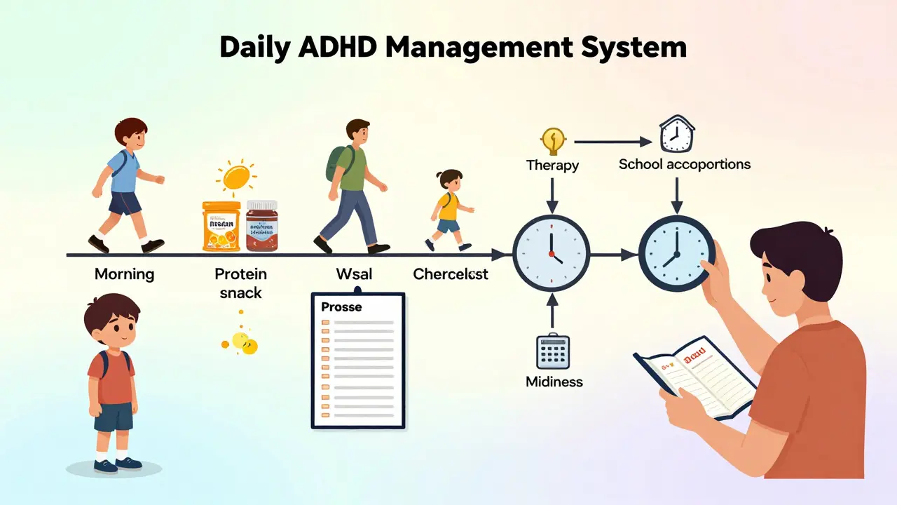 Daily ADHD management system with medication, routines, and tools for child and adult.