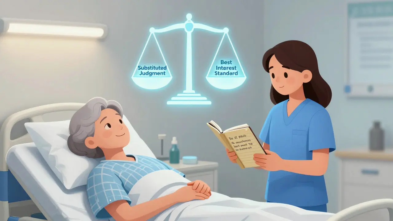 Daughter reviewing a patient's past wishes while making a medical decision at a hospital bedside.