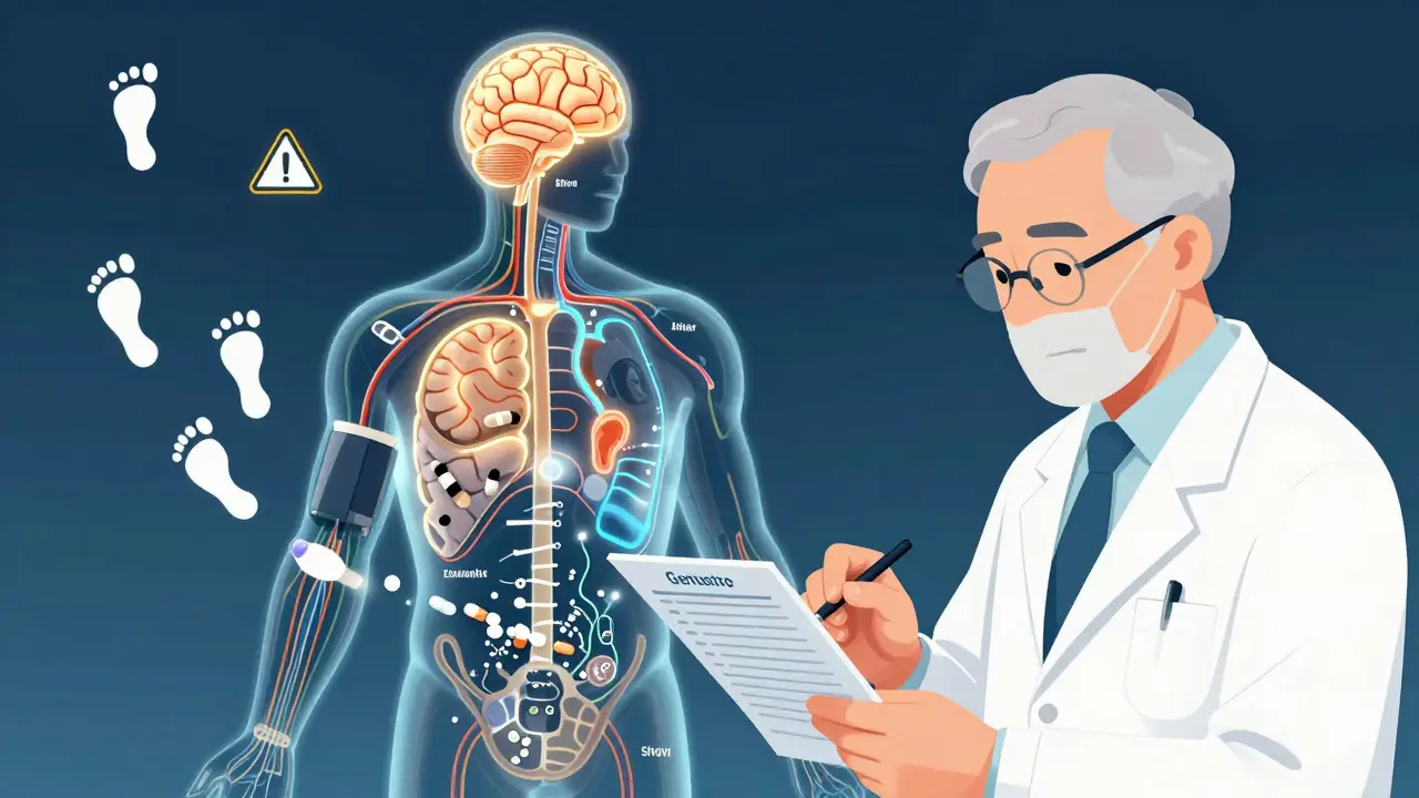 Doctor and pharmacist reviewing medication chart with visualized body effects.
