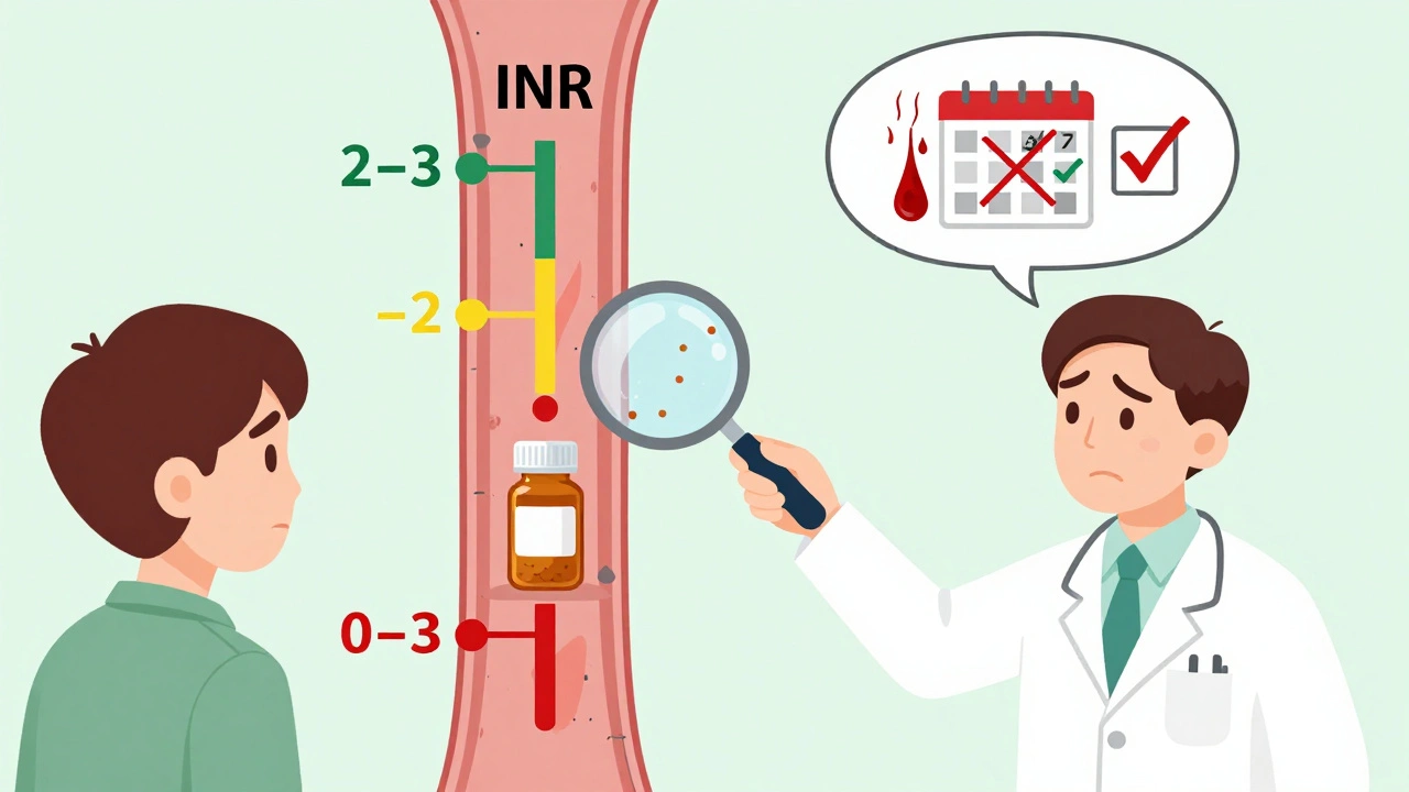 Doctor uses a blood vessel diagram to explain safe and dangerous INR levels for warfarin patients.