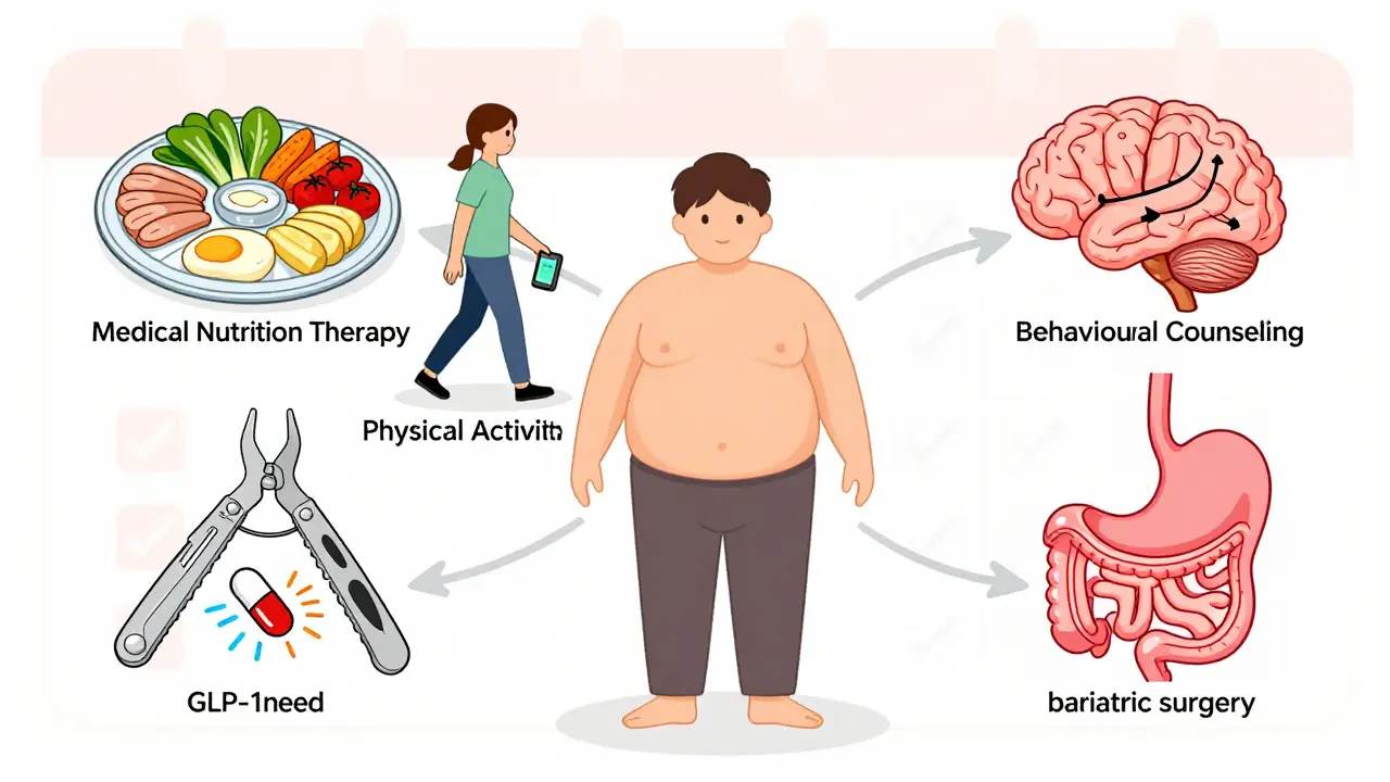Five integrated treatment tools for obesity: nutrition, movement, counseling, medication, and surgery.
