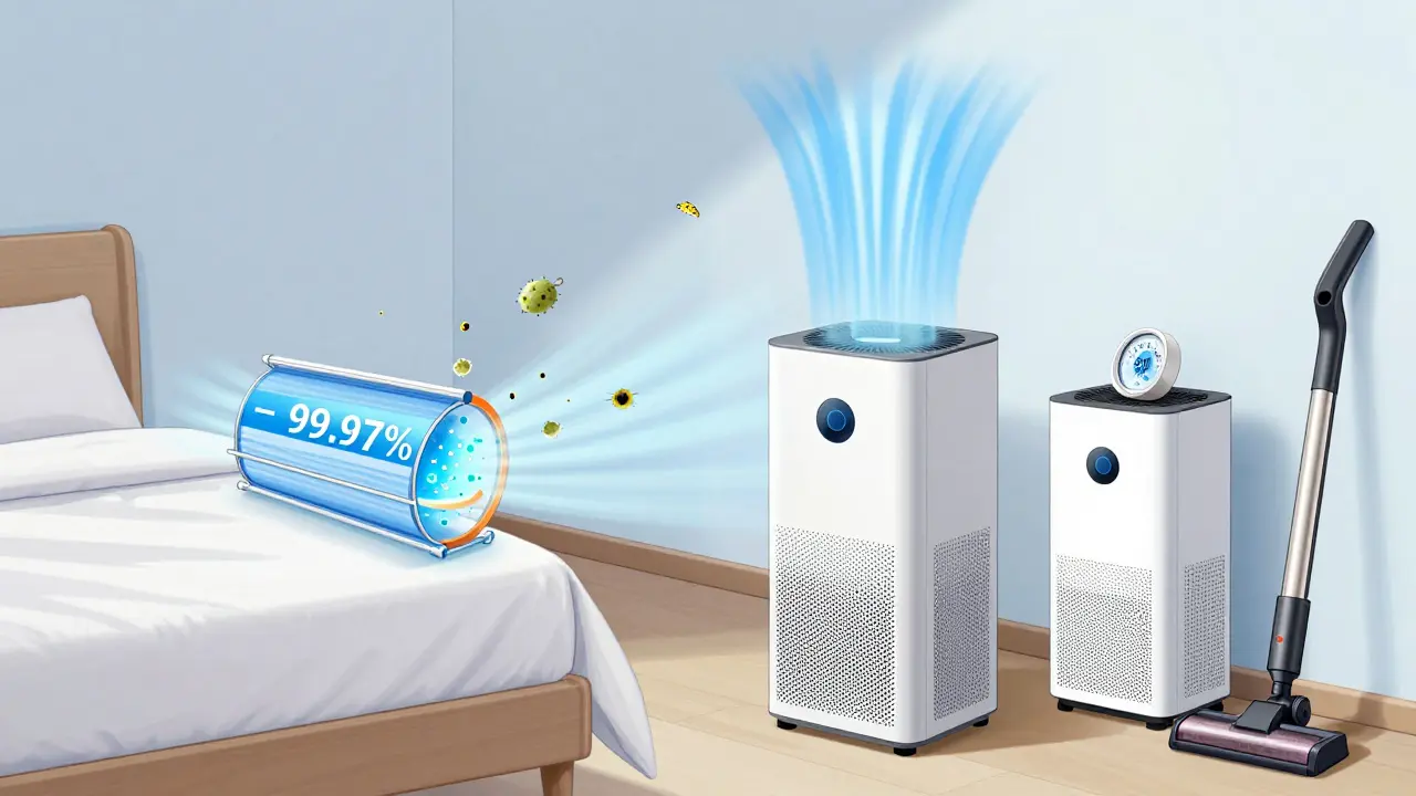 HEPA air purifier filtering PM2.5 particles in a bedroom, with clean air circulating and humidity controlled.